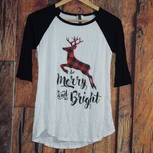 LONELY SOULS Women's Sz S MERRY AND BRIGHT Christmas T-Shirt Baseball Shirt